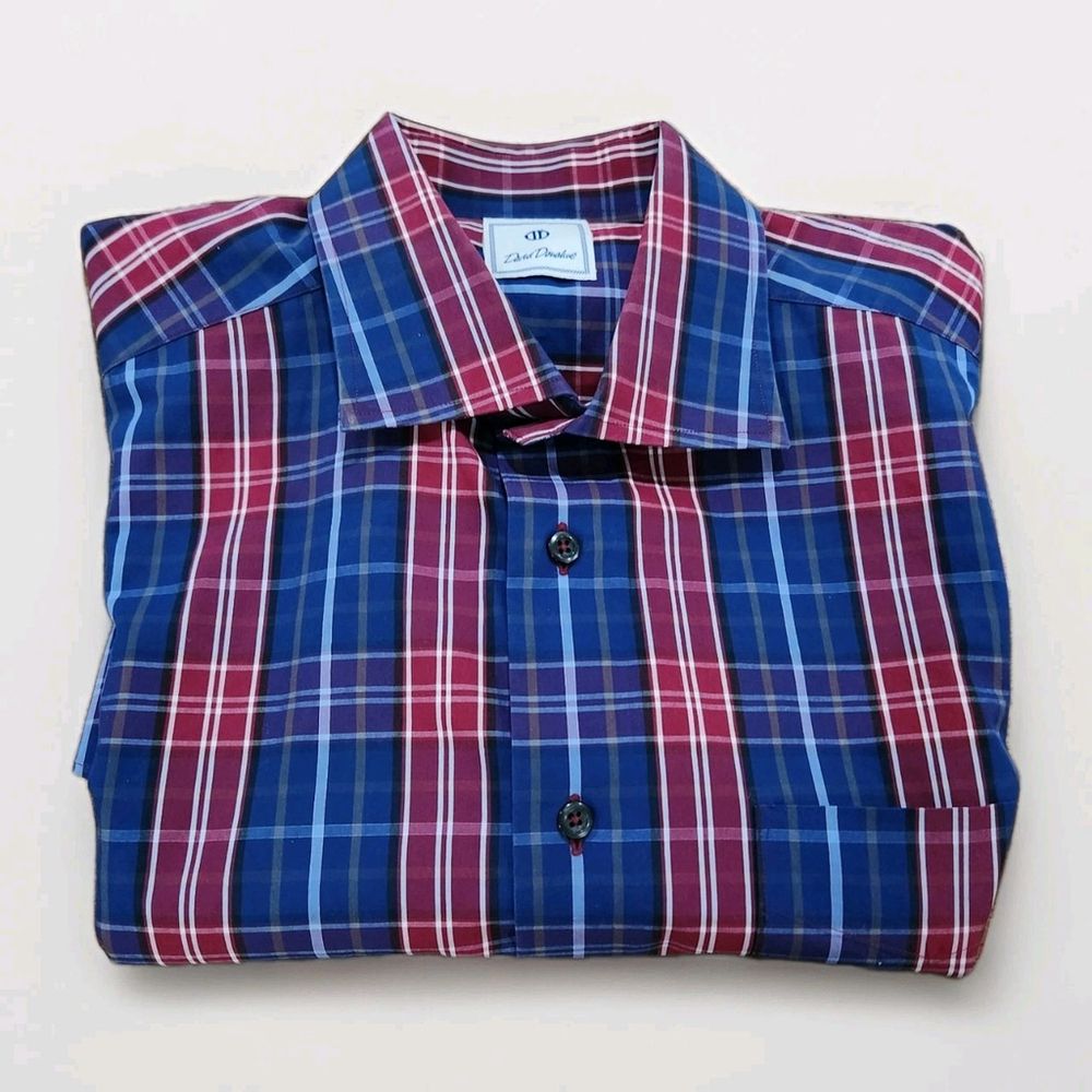 David Donahue Mens Dress Shirt Button Up XL Long Sleeves Plaid 100% Cotton Logo